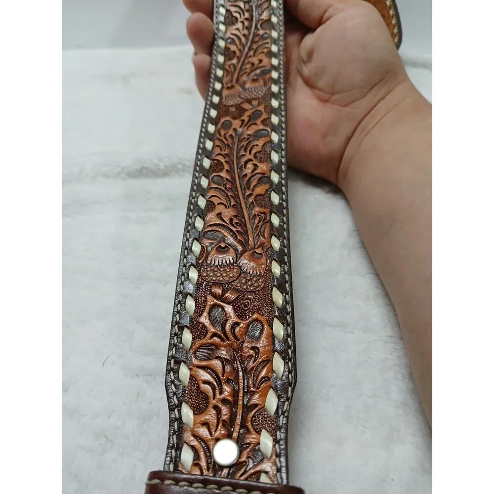 ​Hand-Tooled Leather Belt with Floral Design & White Stitching Custom 
